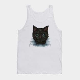 Black cat with blue eyes looks up at me Tank Top